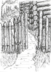 open gate in the fence of a village house