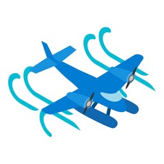 Seaplane icon isometric vector. Blue twin screw seaplane flying in air flow icon. Hydroplane, floatplane, plane amphibian, air transport