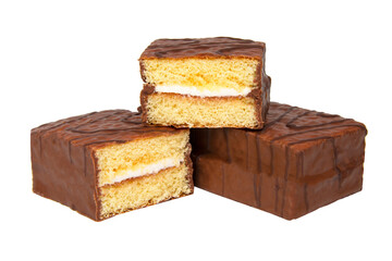 Biscuit cake with cream filling glazed chocolate isolated on the white