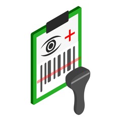 Medicine prescription icon isometric vector. Clipboard, eye sign, barcode scanner. Medical form, doctor prescription, ophthalmology