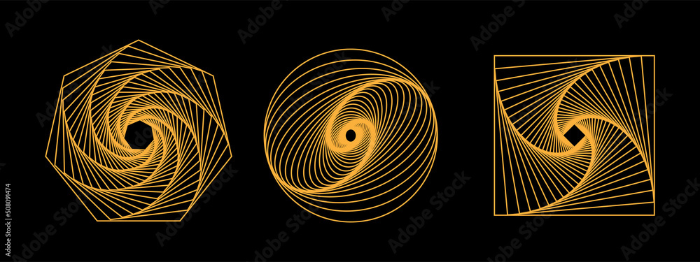 Poster set of 3d twisted gold spirals. geometry tunnel with lines. abstract technology circle, square and h