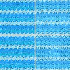 Set of vector seamless sea backgrounds with blue waves in cartoon style