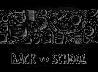 Back to school lettering quote decorated with border of doodles on black chalkboard background. Good for banners, prints, templates, cards, etc. EPS 10