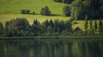 Lake Weissensee reflection of cottages and trees