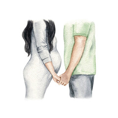 Young couple with pregnant belly, happy parents, family support. Parenthood concept.  Watercolor hand-painted illustration