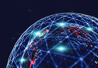 Fondo futurista de concepto de telecomunicaciones con el planeta Tierra y el espacio. Ilustración 3d. Mapa del mundo y luces de las ciudades. Concepto de red social global e internet. © C.Castilla