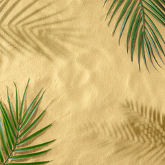 Tropical bright colorful background with green tropical leaves and shadow of sandy background....