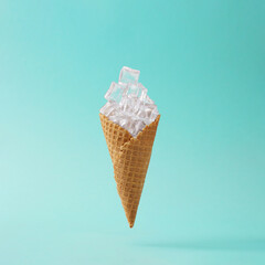 Creative layout made of Ice cream cone with ice cubes on blue background. Minimal summer concept.