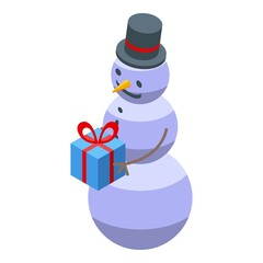 Snowman with gift box icon isometric vector. Winter snow. Cute ice