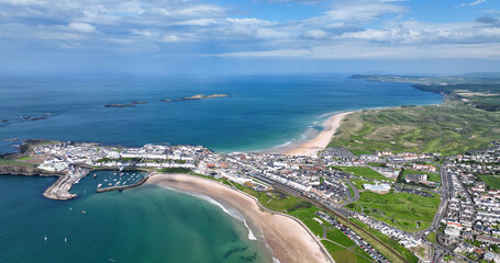 Aerial view of Portrush Beach Atlantic Ocean North Coast County Antrim Northern Ireland by Drone