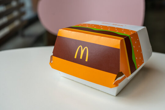 Big Mac Box with McDonald's logo on table in McDonald's Restaurant. Minsk, Belarus - may, 2022