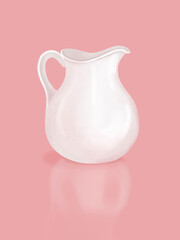 Illustration of a white jug for milk, juice and other drinks on a pink background.