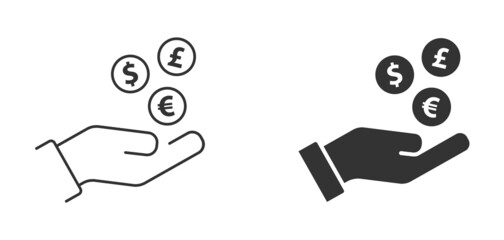 Hand with money icons. Hand holding dollar, euro, and pound coins. Tax return, vat refund or other money back operations symbol. Coins of different currency signs. Vector illustration.