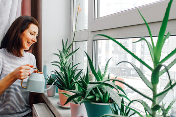 household chores. a woman is watering homemade flowers. at home © Elena