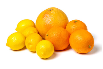 Ripe fresh citrus fruits lemon, orange, grapefruit isolated on white background.