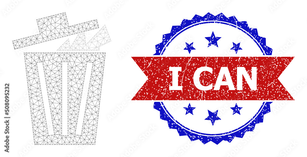 Aufkleber mesh net office bucket polygonal carcass icon, and bicolor scratched i can seal. red stamp seal cont