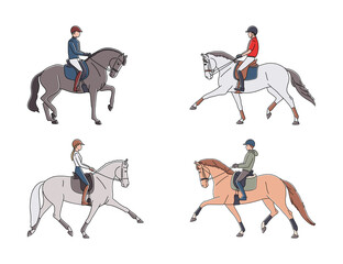 Set of equestrians riding horses. Simple colorful vector illustration.