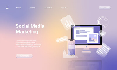 Landing page template with laptop computer, charts, internet indicators and smartphone. Concept of online tool or service for social media analytics and SMM. Vector illustration for website. - obrazy, fototapety, plakaty