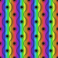 Rainbow stripes and black polka dot. Vector seamless and bright multicolored.