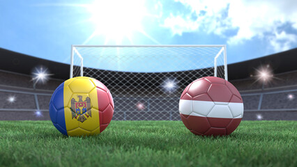 Two soccer balls in flags colors on stadium blurred background. Moldova and Latvia. 3d image - obrazy, fototapety, plakaty