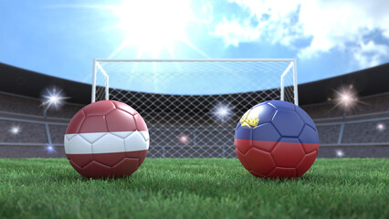 Two soccer balls in flags colors on stadium blurred background. Latvia and Liechtenstein. 3d image