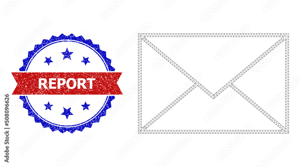 Poster net letter envelope polygonal model icon, and bicolor dirty report watermark. red badge has report t