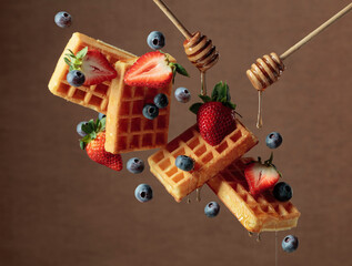 Waffles with fresh blueberries, strawberries, and honey.