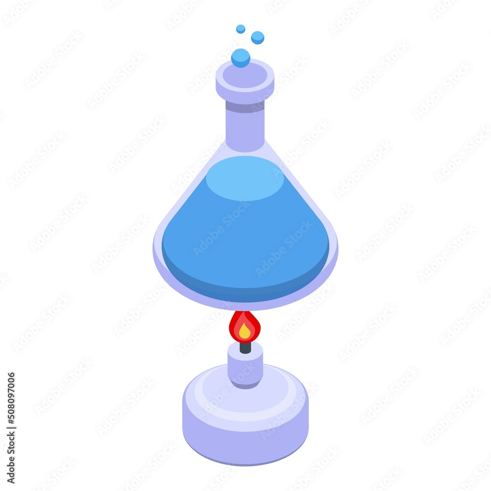 Poster burning flame flask icon isometric vector. test experiment. lab science