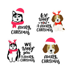 Christmas husky, dog face beagle. Cute cartoon illustration set with dog lovers quote. We woof you a Merry Christmas. Holidays design elment for greeting cards, stickers, t shirt, poster.