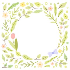 Fototapeta na wymiar Frame with a round cutout of leaves, branches, flovers and bow. Isolated on white. Sweet flat style vector illustration. 