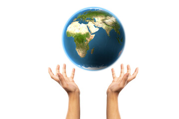 Hands holding planet earth on white background. Elements of this image are furnished by NASA