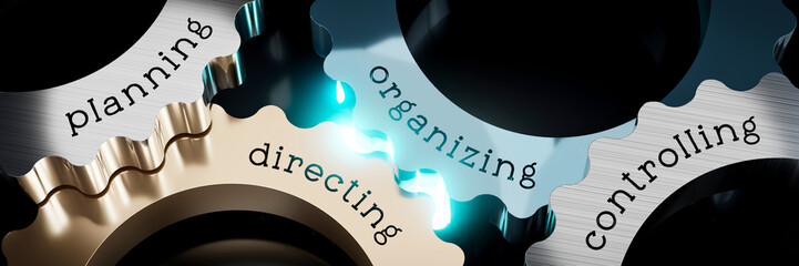 Planning, organizing, directing, controlling - gears concept - 3D illustration