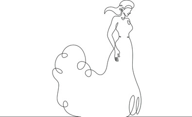 One continuous line.A woman in a beautiful dress. Women's fancy dress. Female character in a holiday dress. Long pretty hair. Portrait of a young woman. One continuous line is drawn on a white backgro