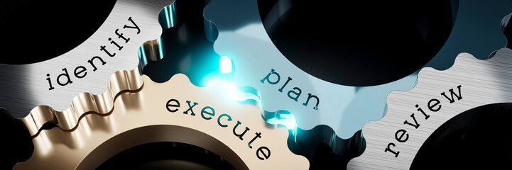 Identify, plan, execute, review - gears concept - 3D illustration