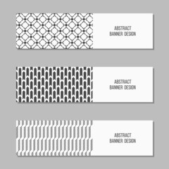 Set of 3 abstract vector banner templates. Banners with geometric elements, shapes, arrows, stripes. Place for text. White and black colors. Vector illustration.