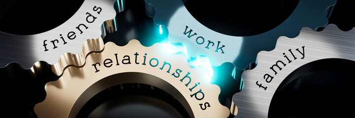 Friends, work, family, relationships - gears concept - 3D illustration - obrazy, fototapety, plakaty