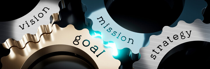 Vision, mission, goal, strategy - gears concept - 3D illustration - obrazy, fototapety, plakaty