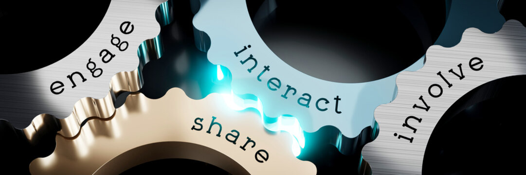 Engage, interact, share, involve - gears concept - 3D illustration