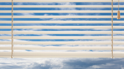 White venetian blinds close up view, over cloudy blue sky, privacy concept