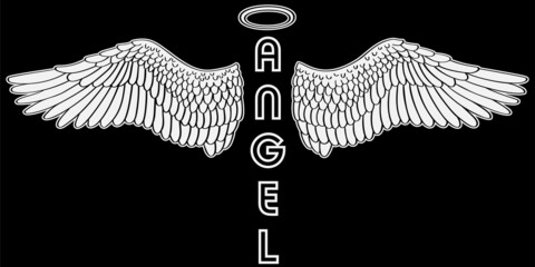 Black and white silhouette with the word angel.