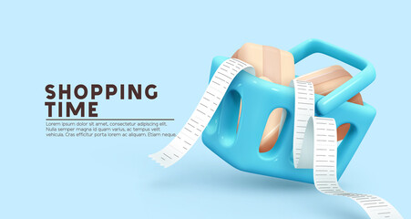 Food basket full of boxes of goods and cash check. Blue shopping cart realistic 3d object. shopping time. Creative concept idea design. Web landing page, banner and poster. vector illustration