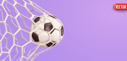 Soccer ball in the goal grid. Realistic 3d cartoon style design. Creative concept idea of Championship football season. Lilac Background with Soccerball isolated object. vector illustration. © lauritta