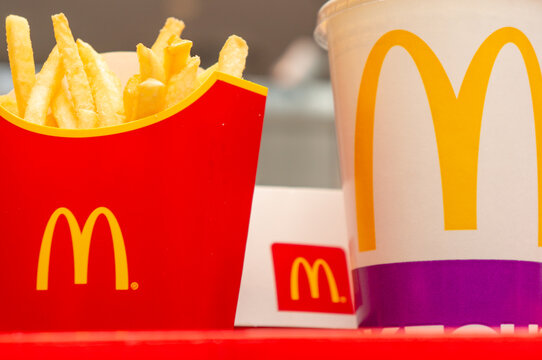 Moscow, Russia, March 15 2018: McDonald's Big Mac hamburger menu, French Fries and Coca Cola. Fast meal food. Snack in cafe dinner