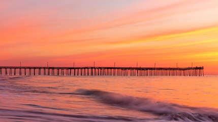 Fototapeta na wymiar dramatic pastel colors of the summer morning sky as the waves of the Atlantic waters rush in the shores and pier of Virginia Beach.