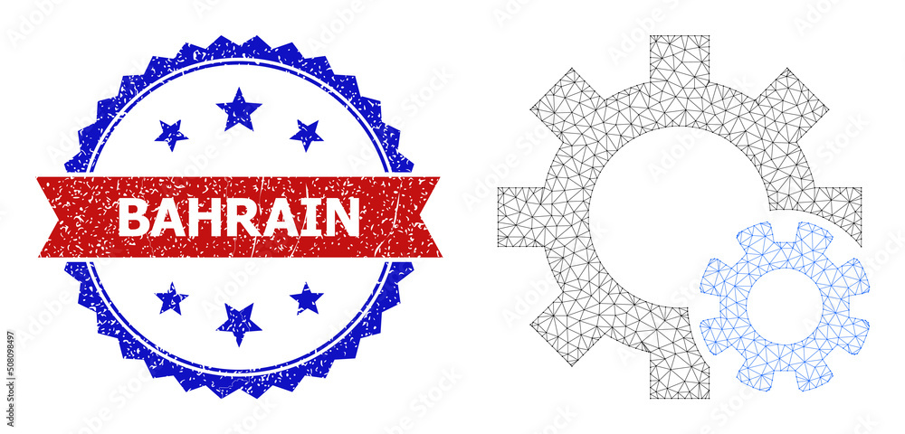 Poster net mesh gear settings polygonal framework icon, and bicolor dirty bahrain stamp. red stamp has bahr
