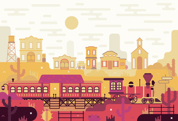 Old train stands at the railway station. Wild west illustration, passenger station next to the village Vector illustration