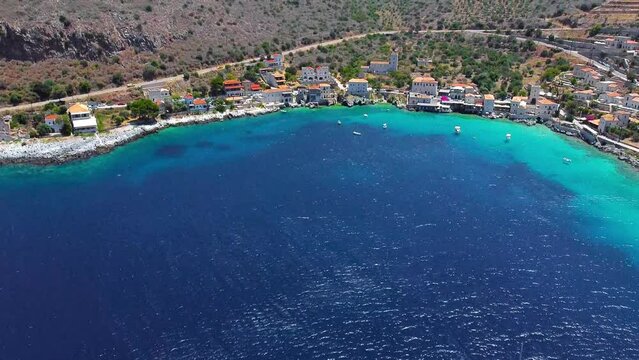 Aerial view of Limeni fish village in Mani, Greece