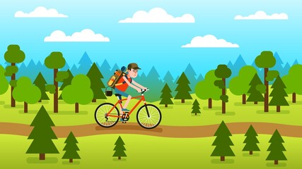 Naklejka na ściany i meble Tourist on a bicycle with backpack travels through the forest. Hiker rides a bicycle through the forest. Vector illustration.
