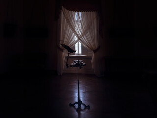 Old music room with a violin and music stand in the center, dark and moody atmosphere, dramatic...