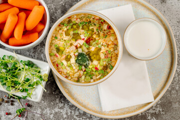 Tasty vegetarian vegetable soup. Top view
